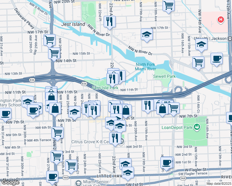 map of restaurants, bars, coffee shops, grocery stores, and more near 1153 Northwest 22nd Avenue in Miami