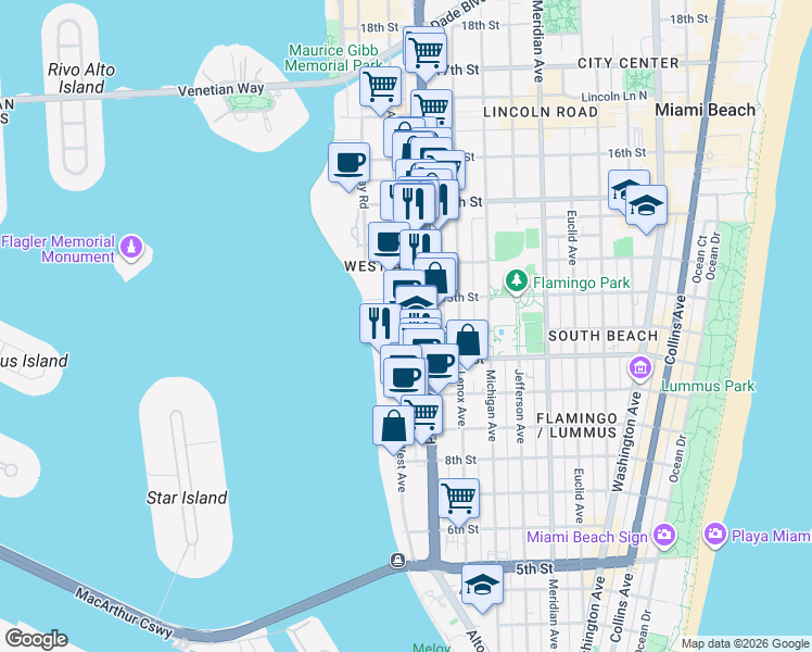map of restaurants, bars, coffee shops, grocery stores, and more near 1245 West Avenue in Miami Beach