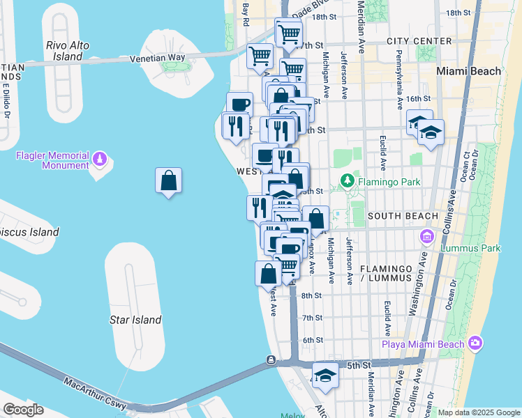 map of restaurants, bars, coffee shops, grocery stores, and more near 1250 West Avenue in Miami Beach