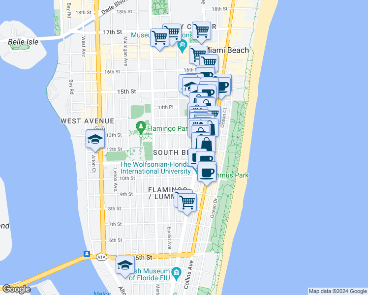 map of restaurants, bars, coffee shops, grocery stores, and more near 1220 Drexel Avenue in Miami Beach