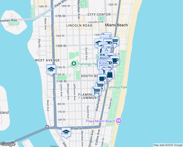 map of restaurants, bars, coffee shops, grocery stores, and more near 1228 Pennsylvania Avenue in Miami Beach