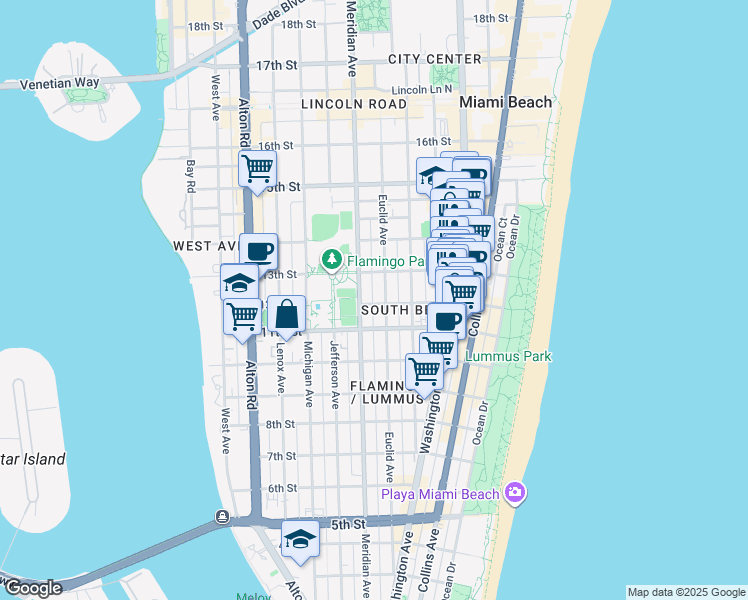 map of restaurants, bars, coffee shops, grocery stores, and more near in Miami Beach