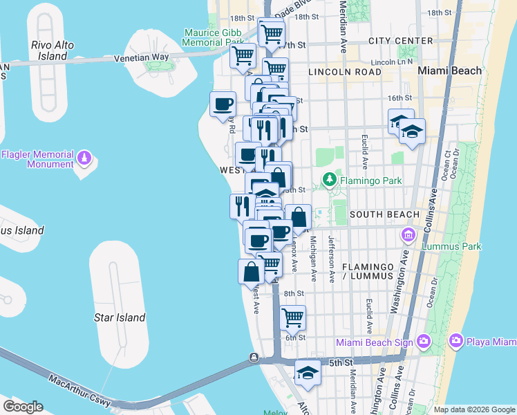 map of restaurants, bars, coffee shops, grocery stores, and more near 1245 West Avenue in Miami Beach