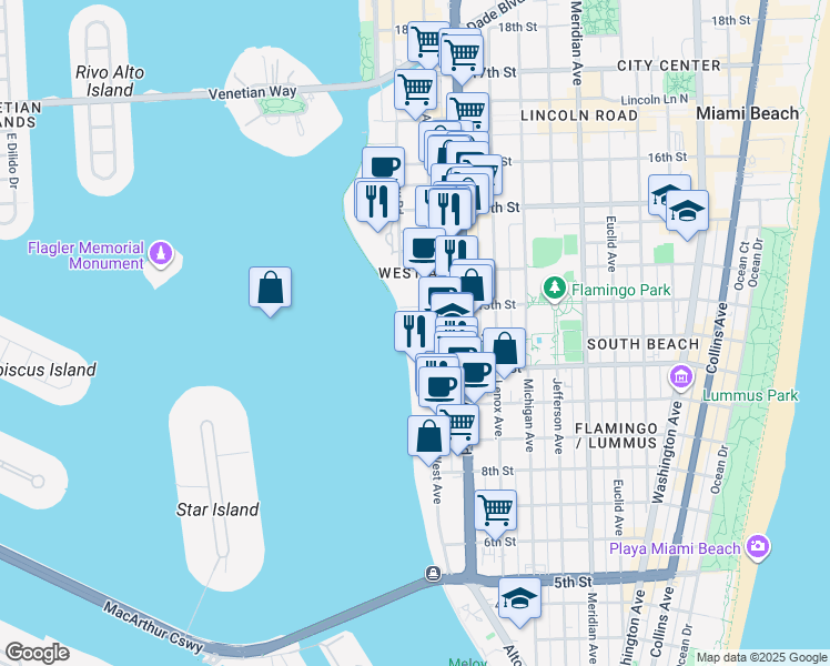 map of restaurants, bars, coffee shops, grocery stores, and more near 1250 West Avenue in Miami Beach