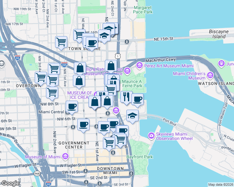 map of restaurants, bars, coffee shops, grocery stores, and more near in Miami