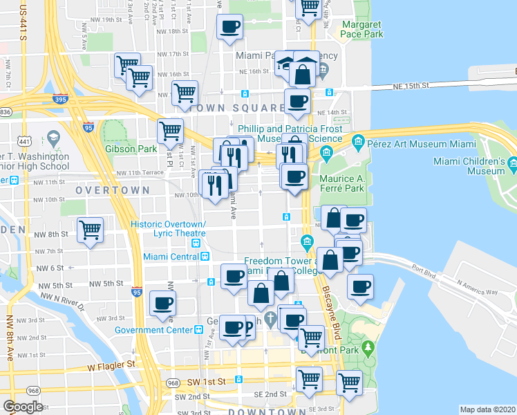 map of restaurants, bars, coffee shops, grocery stores, and more near 46 Northeast 10th Street in Homestead