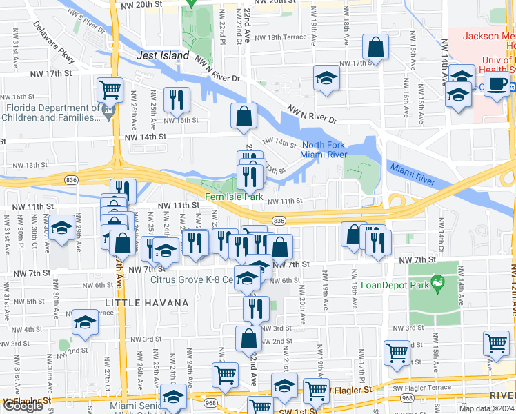 map of restaurants, bars, coffee shops, grocery stores, and more near 1153 Northwest 22nd Avenue in Miami