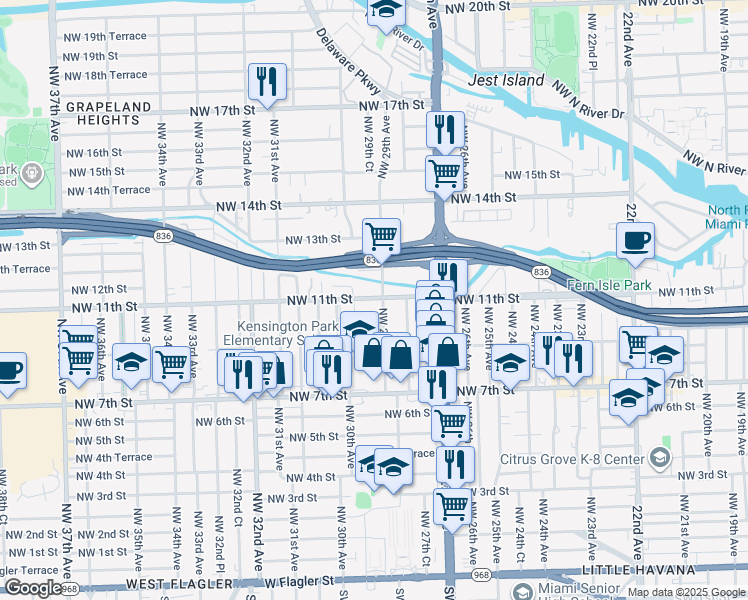 map of restaurants, bars, coffee shops, grocery stores, and more near 1140-1142 Northwest 29th Avenue in Miami