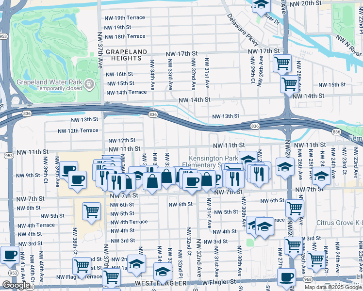 map of restaurants, bars, coffee shops, grocery stores, and more near 1136 Northwest 32nd Court in Miami