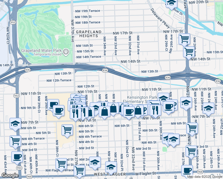 map of restaurants, bars, coffee shops, grocery stores, and more near 1129 Northwest 33rd Avenue in Miami