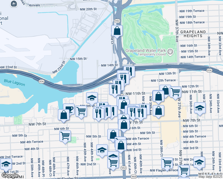 map of restaurants, bars, coffee shops, grocery stores, and more near 4259 Northwest 12th Street in Miami
