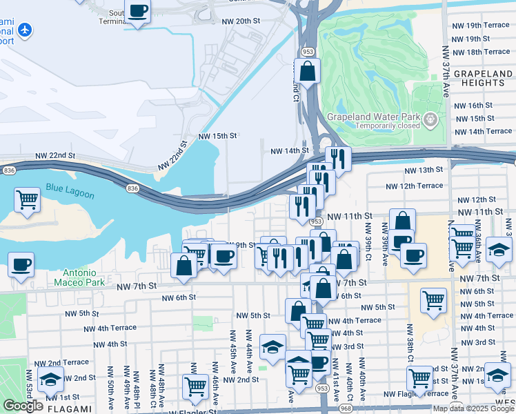 map of restaurants, bars, coffee shops, grocery stores, and more near 4393 Northwest 11th Street in Miami