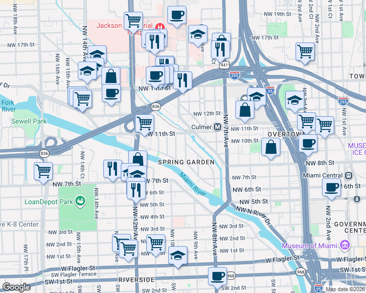 map of restaurants, bars, coffee shops, grocery stores, and more near 936 Northwest 9th Court in Miami