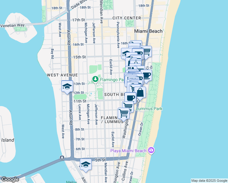 map of restaurants, bars, coffee shops, grocery stores, and more near 1228 Pennsylvania Avenue in Miami Beach