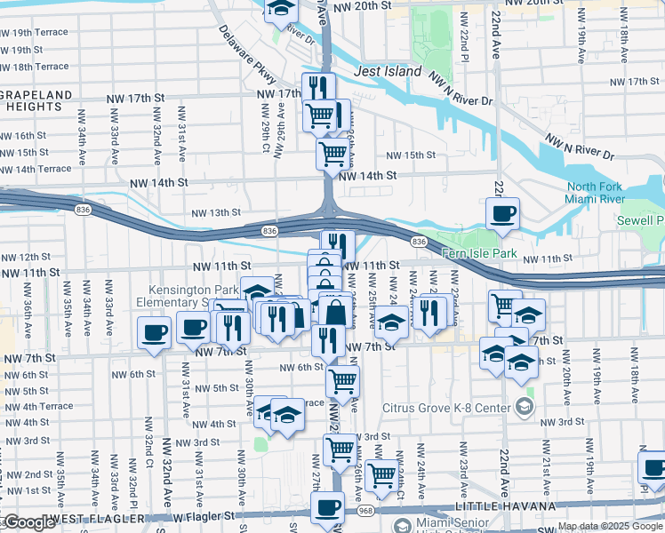 map of restaurants, bars, coffee shops, grocery stores, and more near Northwest 27th Avenue in Miami