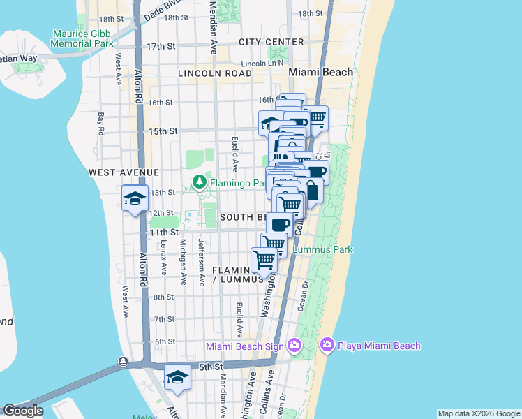 map of restaurants, bars, coffee shops, grocery stores, and more near 1201 Pennsylvania Avenue in Miami Beach