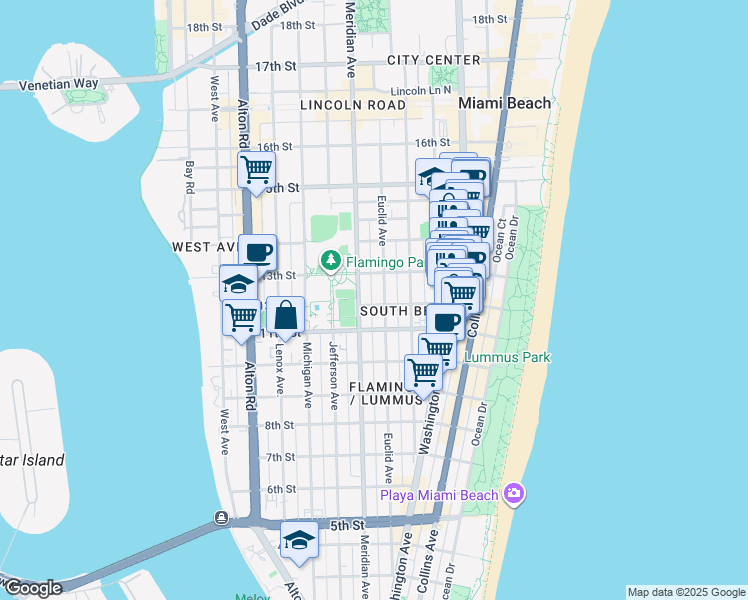 map of restaurants, bars, coffee shops, grocery stores, and more near 1235 Meridian Avenue in Miami Beach