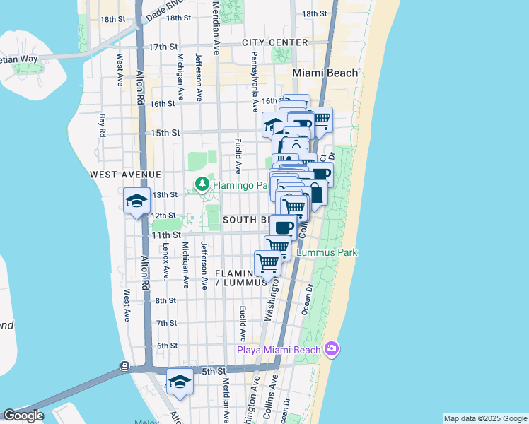 map of restaurants, bars, coffee shops, grocery stores, and more near 1220 Drexel Avenue in Miami Beach