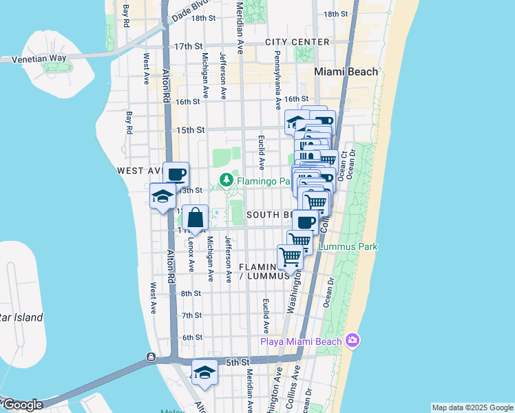 map of restaurants, bars, coffee shops, grocery stores, and more near 1235 Meridian Avenue in Miami Beach