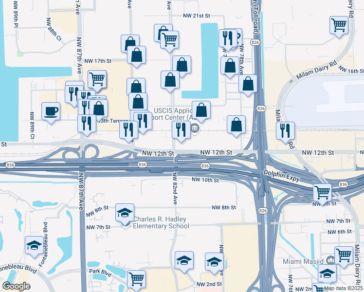 map of restaurants, bars, coffee shops, grocery stores, and more near 8191 Northwest 12th Street in Doral