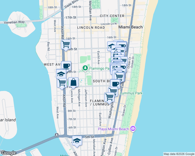 map of restaurants, bars, coffee shops, grocery stores, and more near in Miami Beach