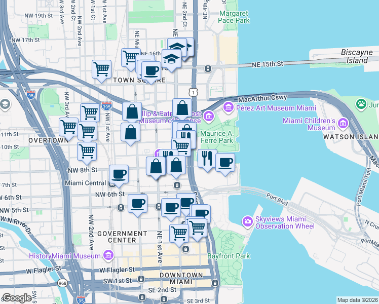 map of restaurants, bars, coffee shops, grocery stores, and more near 900 Biscayne Boulevard in Miami