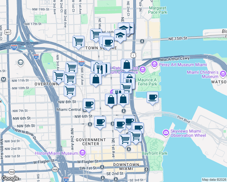 map of restaurants, bars, coffee shops, grocery stores, and more near 999 Northeast 1st Avenue in Miami