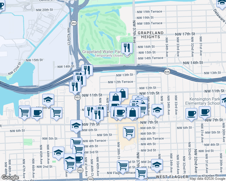 map of restaurants, bars, coffee shops, grocery stores, and more near 3801 Northwest 12th Street in Miami