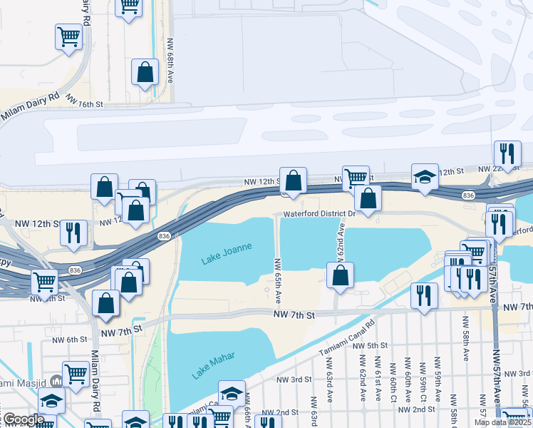 map of restaurants, bars, coffee shops, grocery stores, and more near 6505 Blue Lagoon Dr in Miami