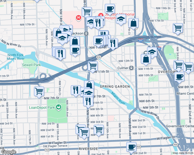 map of restaurants, bars, coffee shops, grocery stores, and more near 1035 Northwest 11th Avenue in Miami