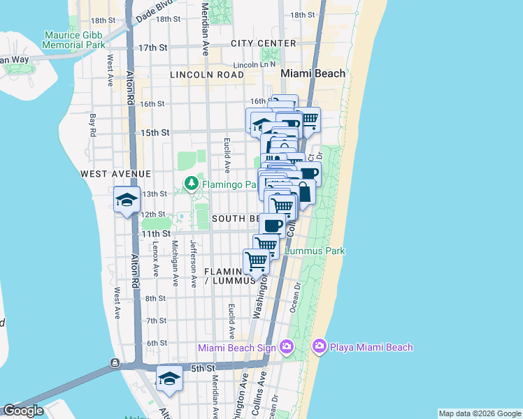 map of restaurants, bars, coffee shops, grocery stores, and more near 1220 Drexel Avenue in Miami Beach
