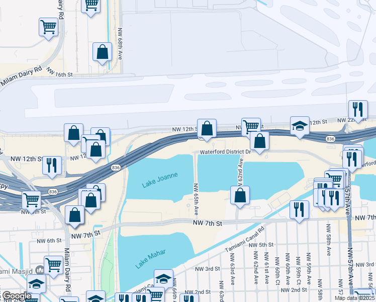 map of restaurants, bars, coffee shops, grocery stores, and more near 6505 Blue Lagoon Drive in Miami