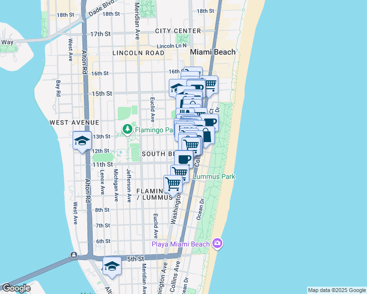 map of restaurants, bars, coffee shops, grocery stores, and more near 1220 Drexel Avenue in Miami Beach