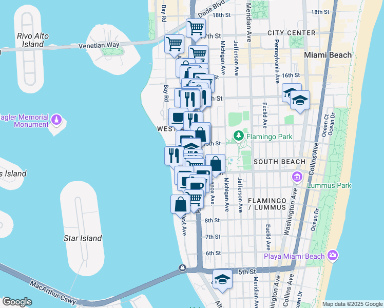 map of restaurants, bars, coffee shops, grocery stores, and more near 1245 West Avenue in Miami Beach