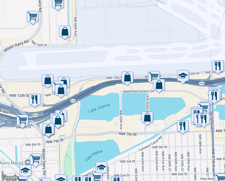 map of restaurants, bars, coffee shops, grocery stores, and more near 6505 Blue Lagoon Drive in Miami