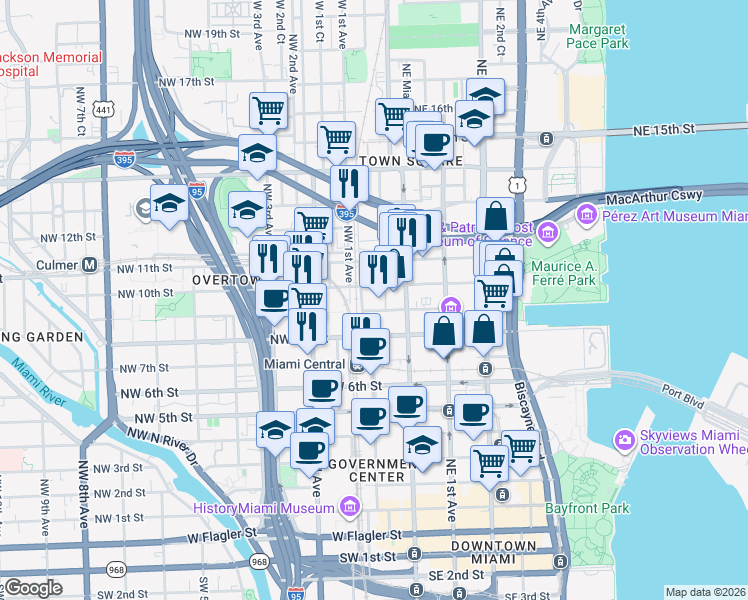 map of restaurants, bars, coffee shops, grocery stores, and more near 915 Northwest 1st Avenue in Miami