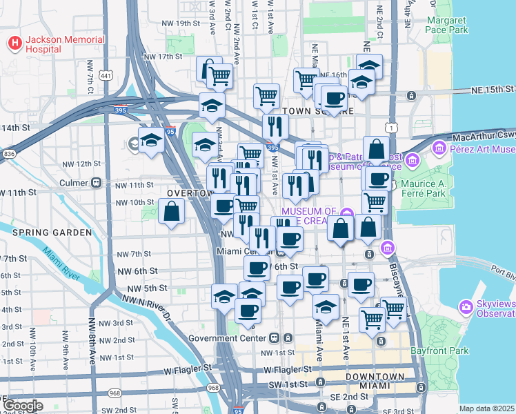 map of restaurants, bars, coffee shops, grocery stores, and more near 155 Northwest 10th Street in Miami