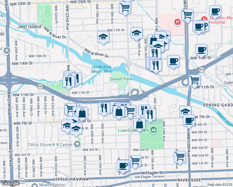 map of restaurants, bars, coffee shops, grocery stores, and more near 1040 Northwest 18th Avenue in Miami