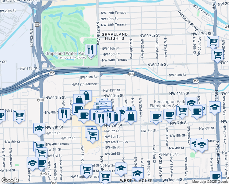 map of restaurants, bars, coffee shops, grocery stores, and more near 3615 Northwest 12th Street in Miami