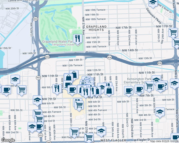 map of restaurants, bars, coffee shops, grocery stores, and more near 3615 Northwest 12th Street in Miami