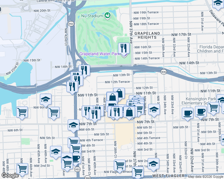 map of restaurants, bars, coffee shops, grocery stores, and more near 3801 Northwest 12th Street in Miami