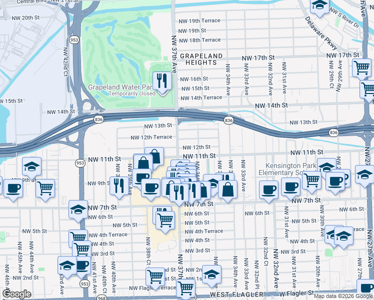 map of restaurants, bars, coffee shops, grocery stores, and more near 3615 Northwest 12th Street in Miami