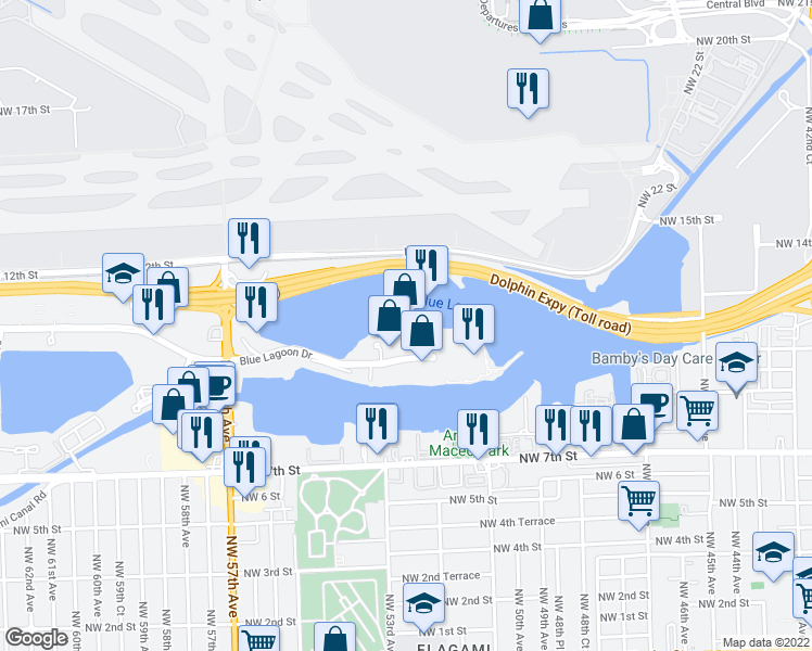 map of restaurants, bars, coffee shops, grocery stores, and more near 5201 Waterford District Drive in Miami