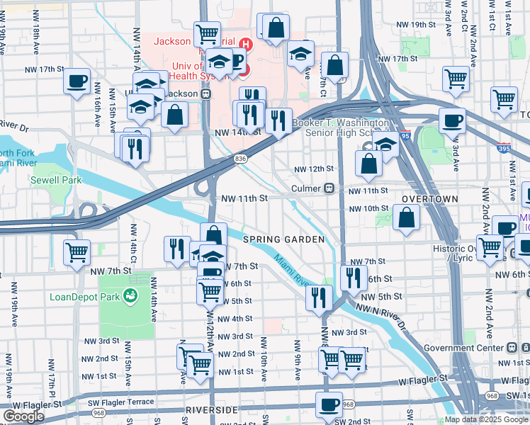 map of restaurants, bars, coffee shops, grocery stores, and more near 1011 Northwest 10th Avenue in Miami