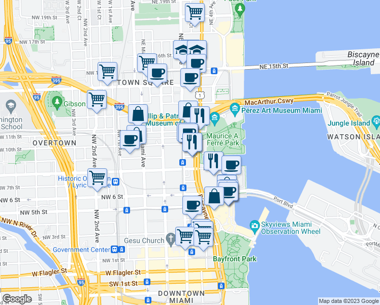map of restaurants, bars, coffee shops, grocery stores, and more near 990 Biscayne Boulevard in Miami