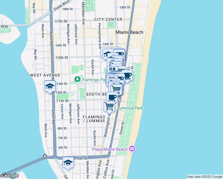 map of restaurants, bars, coffee shops, grocery stores, and more near 1224 Drexel Avenue in Miami Beach