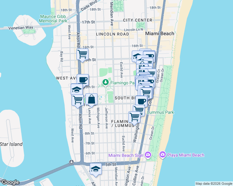 map of restaurants, bars, coffee shops, grocery stores, and more near 1235 Meridian Avenue in Miami Beach