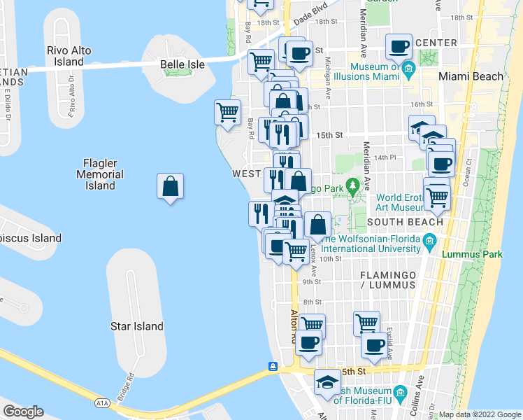 map of restaurants, bars, coffee shops, grocery stores, and more near 1250 West Avenue in Miami Beach
