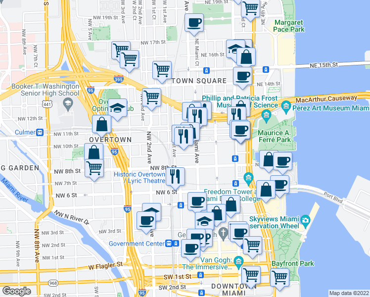 map of restaurants, bars, coffee shops, grocery stores, and more near 25 Northwest 9th Street in Miami