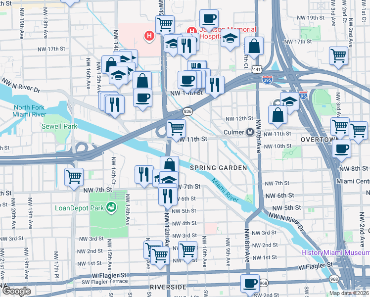 map of restaurants, bars, coffee shops, grocery stores, and more near 1035 Northwest 11th Avenue in Miami